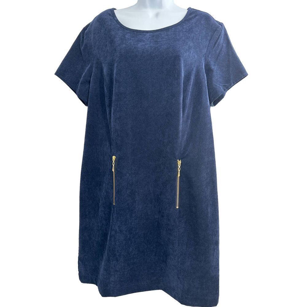 NWT Sharagano Deep Navy Corduroy Short Sleeve‎ Shift Dress Size 16